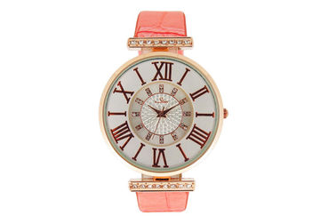 Lady Różowe zegarki skórzany pasek metalu Round Case Quartz Watch Ruchy