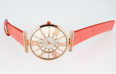 Lady Różowe zegarki skórzany pasek metalu Round Case Quartz Watch Ruchy